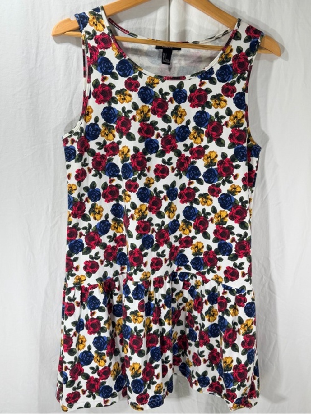 Forever 21 White Floral Midi Dress with Red, Blue & Yellow Roses